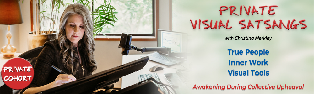 Christina Merkley working at her table, for Private Visual Satsangs with the Vancouver Island Rainforest outside the office window.