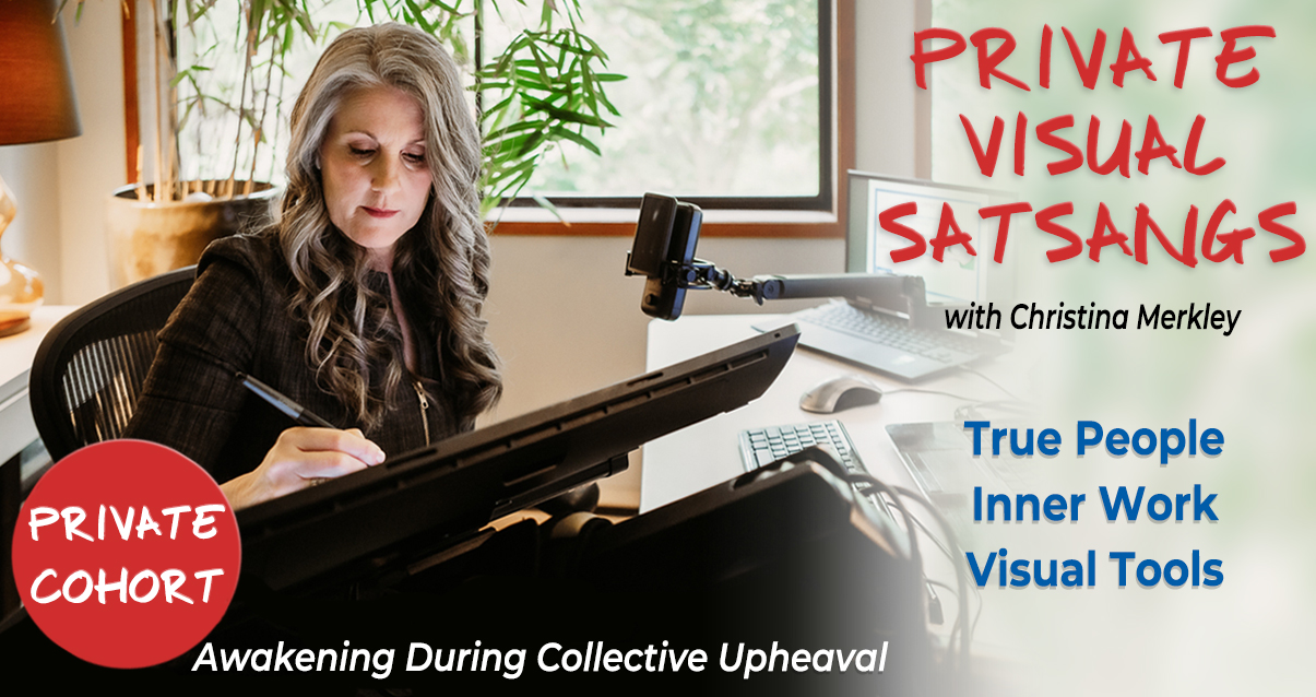 Christina Merkley working at her table, for Private Visual Satsangs with the Vancouver Island Rainforest outside the office window.