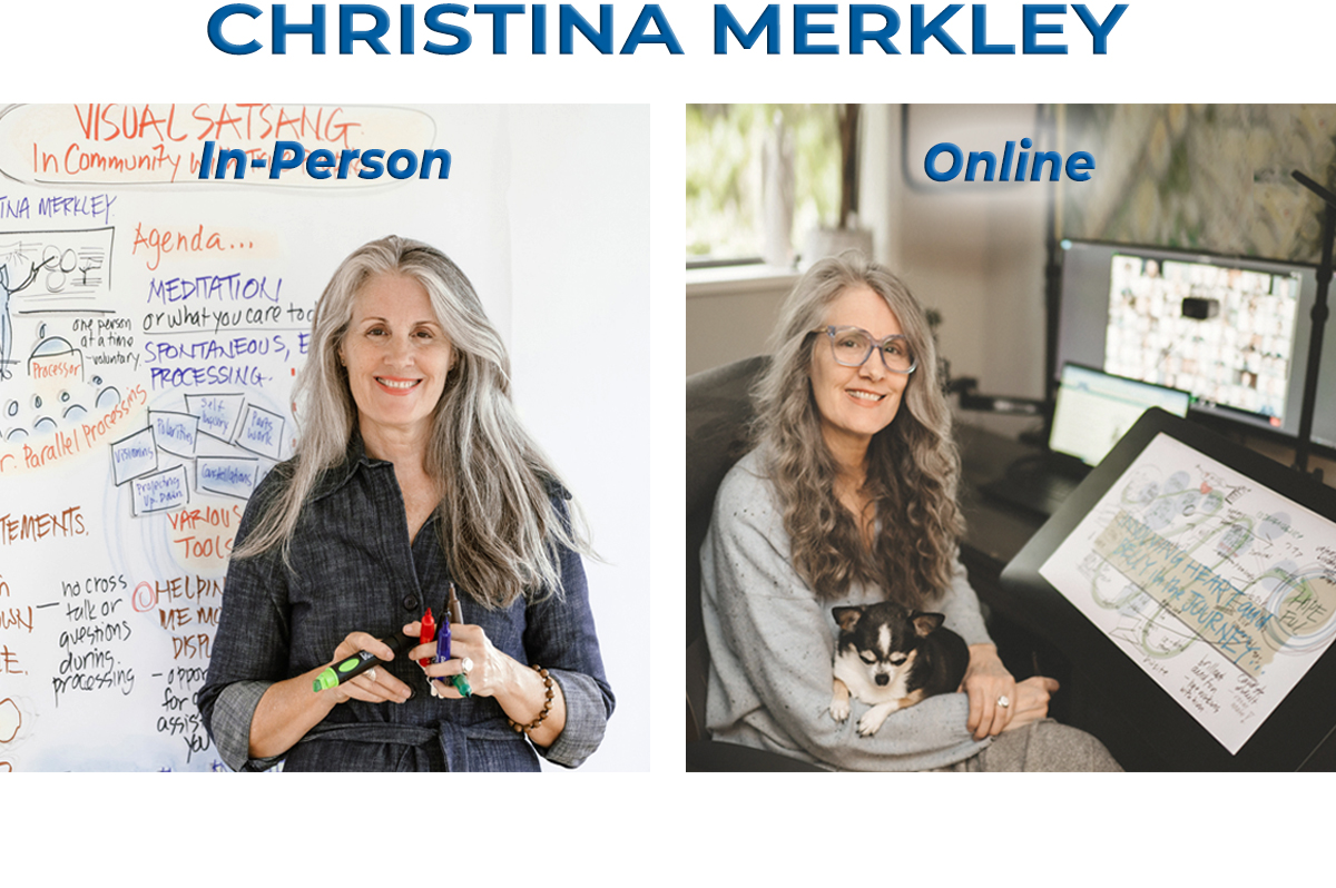 Christina Merkley in person and online shows 2 images: Christina at the white board with visual satsang visual map behind her and at her drawing tablet with puppy Presley.